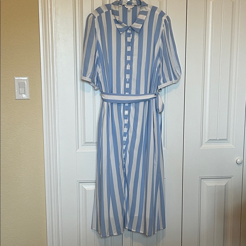 crown & ivy Blue and White Vertical Stripe Midi Shirt Dress